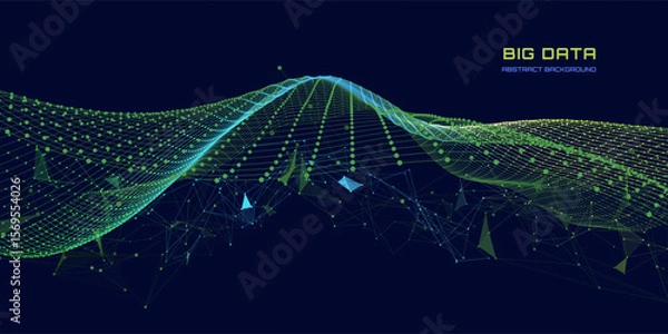 Fototapeta Abstract technology background with wavy color grid in dark. Analytics data algorithms. Computing concept. Big Data. Banner for business, science and technology.