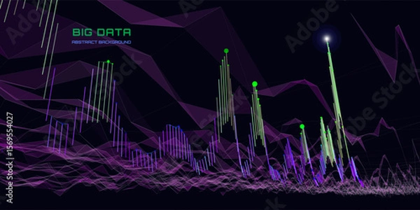 Fototapeta Abstract analytical background with noisy  lines connecting circles chart analyze  in dark cyberspace. Quantum cryptography concept.  Banner for business, science and technology. Big data.