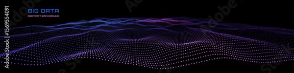 Fototapeta Abstract wavy background color points  on dark blue. Array with particles in dynamic lines cyberspace. Concept technology futuristic style.