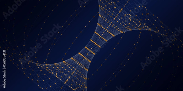 Fototapeta 3D grid geometric connecting dots  in blue dark cyberspace.  Digital concept scientific, technology and computing. Torus consisting of poligonales