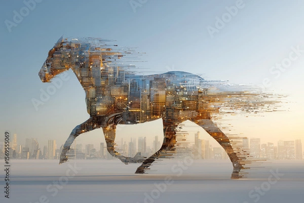 Fototapeta Dynamic horse silhouette with urban cityscape overlay, showcasing the fusion of nature and modern architecture