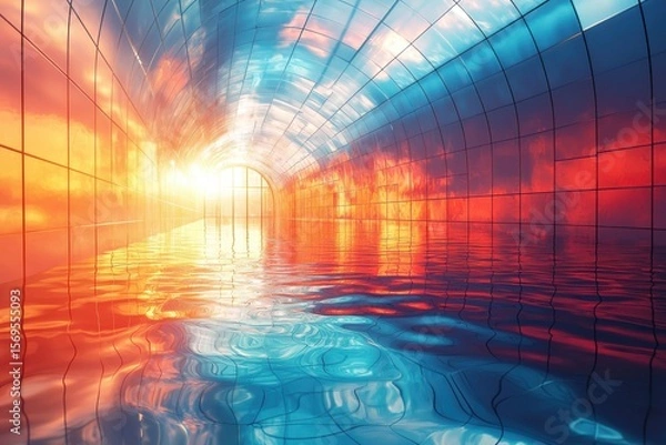 Fototapeta Futuristic Glass Tunnel with Water Reflection and Gradient Light futuristic tunnel water reflection glass light gradient architecture abstract fantasy sci-fi surreal glow perspective immersion sunset