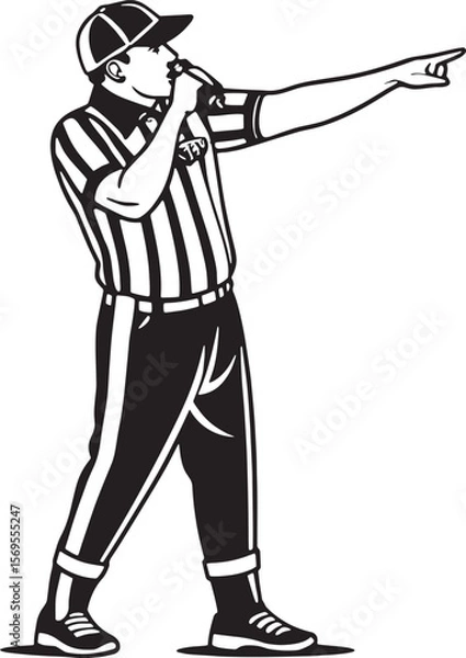 Fototapeta Black and white illustration of a sports referee blowing a whistle while pointing. Perfect for sports rules, judgment, or authority concepts.