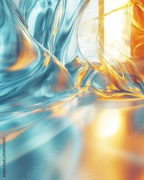 Fototapeta Liquid Light Flow Abstract Background abstract background liquid flow light texture pattern fluid wave swirl curve shiny metallic reflective render digital art gradient teal blue cyan orange gold warm