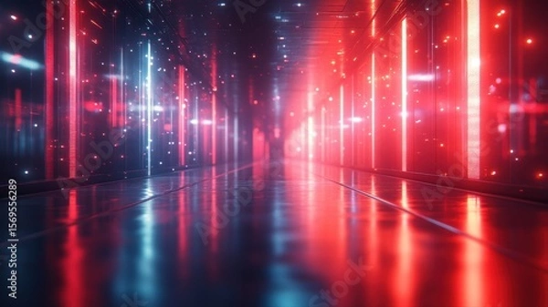 Fototapeta Abstract Digital Corridor with Red and Blue Neon Lights abstract digital corridor neon red blue futuristic technology cyber data network tunnel light glow reflection particles dynamic dark vibrant ai