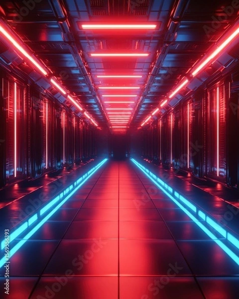 Fototapeta Futuristic Dark Corridor with Red and Blue Neon Lights futuristic corridor dark sci-fi tunnel neon lights red light blue light glowing metal abstract digital technology cyberspace cyberpunk infinity