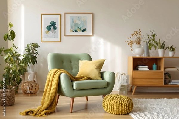 Fototapeta Cozy living room featuring a green armchair adorned with a yellow throw blanket and pillow, surrounded by plants