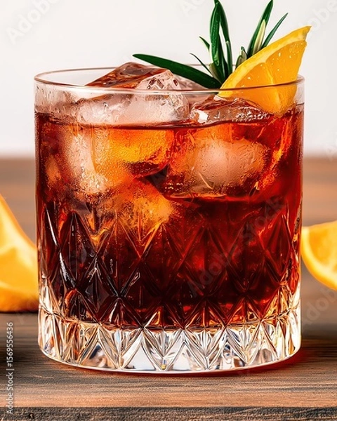 Obraz Cocktail with Classic Speakeasy Mood, deep red Negroni on a wooden bar, lowkey lighting with vintage atmosphere and strong shadows