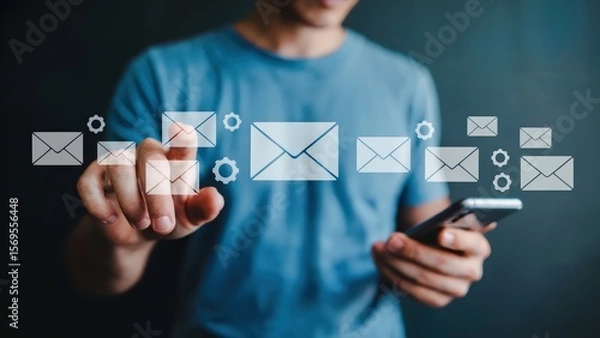 Fototapeta Person using a mobile phone to manage email, touching an email icon surrounded by gears, suggesting technology, communication, and modern online lifestyle engagement.