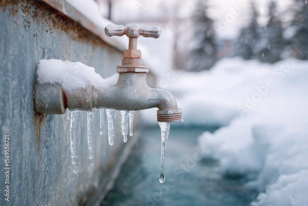 Fototapeta Frozen water faucet with icicles hanging from the spout, surrounded by a snowy landscape