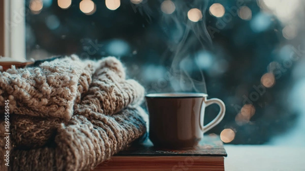 Fototapeta Warm Knit Scarf And Steaming Mug Of Coffee On Book By Frosty Window For Christmas, New Year Or Winter. Winter Comfort