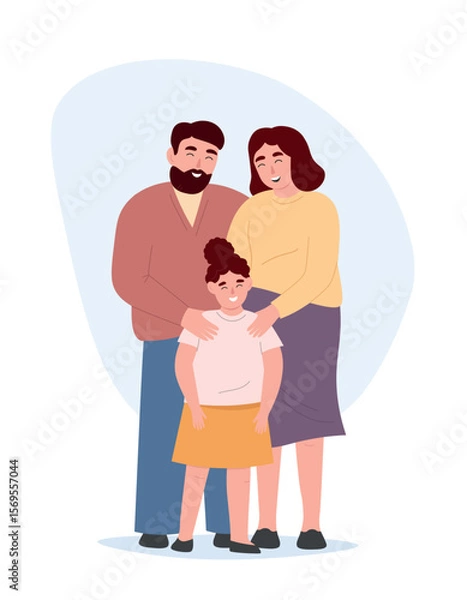 Fototapeta Happy family together, taking care of the child. Mom and dad with their daughter. Vector flat graphics.