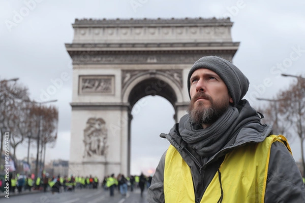 Fototapeta Man wearing a yellow vest stands in front of a historic archway in Paris, observing a gathering of people in the background, embodying a moment of protest and civic engagement