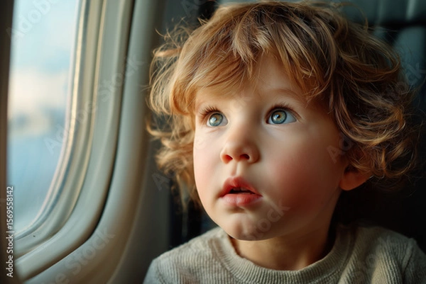 Fototapeta Young child with curly hair gazing out airplane window, captivated by the view, showcasing wonder and curiosity during travel experience