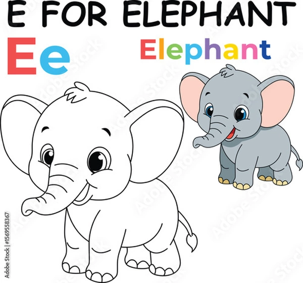 Fototapeta E for Elephant Coloring Worksheet for Preschool – AI Inspired Concept Hand Drawn Vector in Illustrator