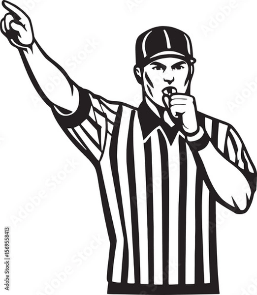 Fototapeta Minimalist referee vector blowing a whistle and signaling with raised arm. Ideal for sports icons and rule enforcement themes.