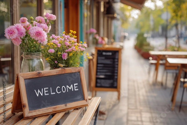 Fototapeta Welcome sign on wooden table with vibrant flowers in glass jar, inviting atmosphere at outdoor cafe