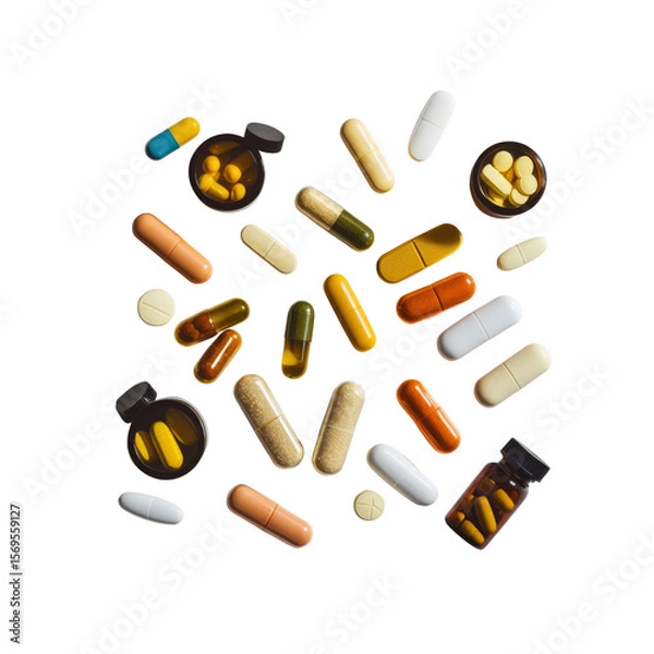 Fototapeta Assortment of Colorful Capsules and Tablets Scattered on Transparent Background