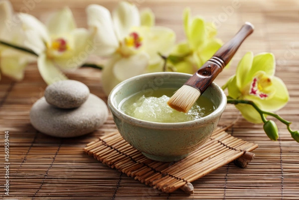 Fototapeta Green spa treatment in a ceramic bowl with a brush, surrounded by smooth stones and delicate orchids