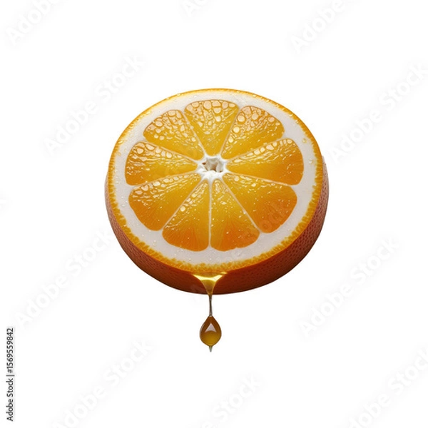 Fototapeta Juicy Orange Slice with Dropping Juice on Transparent Background