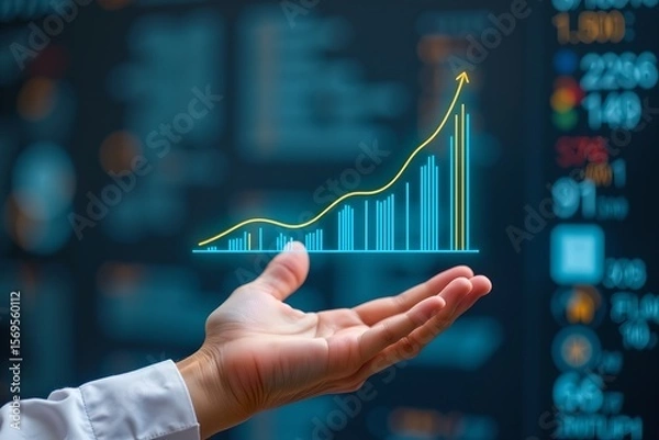 Fototapeta clinical ai service, hand supporting floating chart with expanding curve, tech assisted diagnosis identity, symbolic ui, macro
