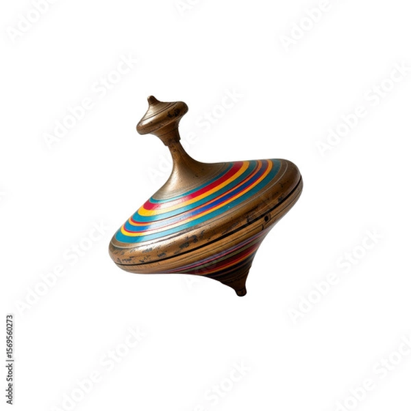 Fototapeta Vintage Wooden Spinning Top Toy with Colorful Stripes Isolated on Transparent Background