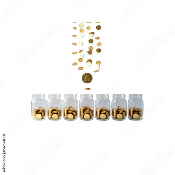 Fototapeta Bitcoin and Gold Coins Falling into Glass Jars - Financial Growth and Investment Concept