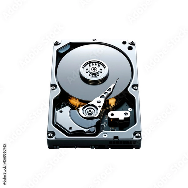 Fototapeta Close-up of a Modern Hard Disk Drive (HDD) with Gleaming Platters and Actuator Arm