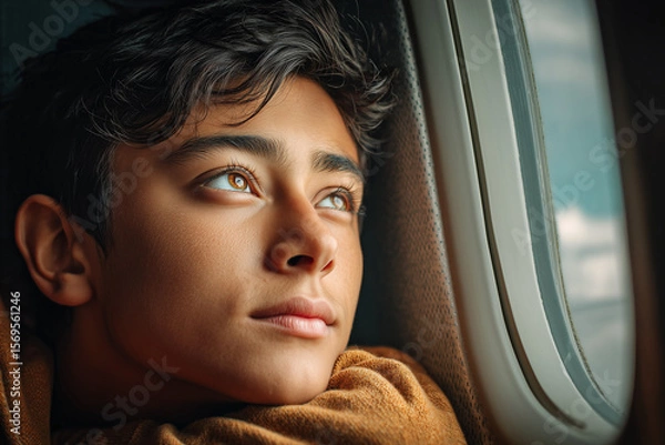 Fototapeta Young boy with dark hair gazes thoughtfully out of an airplane window, reflecting on his journey, with soft light illuminating his face and the cabin interior around him
