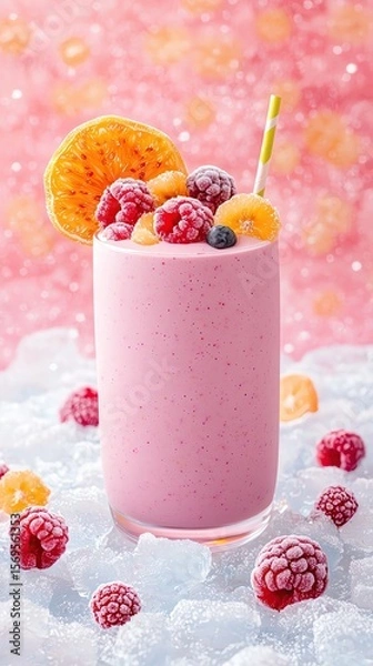 Obraz Fruit Smoothie with Fire and Ice Contrast, tropical smoothie with warm tones set against an icy textured background, dual light tone setup for dramatic appeal