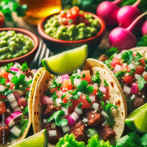 Obraz Close-Up of Vibrant Mexican Tacos with Fresh Ingredients