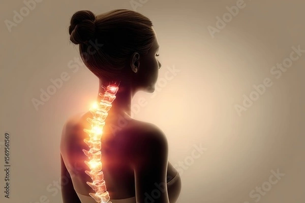 Obraz Human silhouette with glowing spinal column, representing health, wellness, and the importance of spinal care in the context of anatomy and holistic practices.