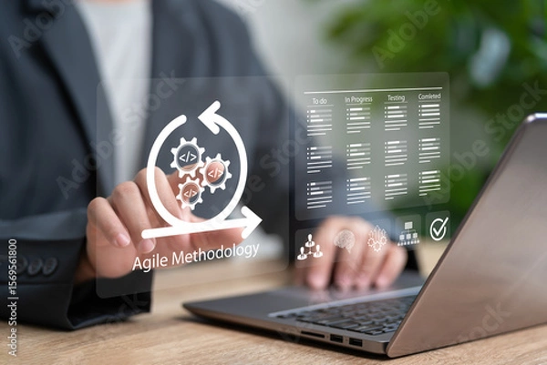Fototapeta Agile methodology software development management concept, Businessman learn of various management processes, Product development lifecycle, Workflow, Visual organization tools, Process, Automation