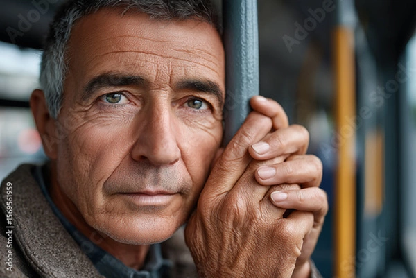 Fototapeta Mature man with gray hair is thoughtfully resting his hands on a pole in a public transport setting, reflecting a moment of contemplation and introspection
