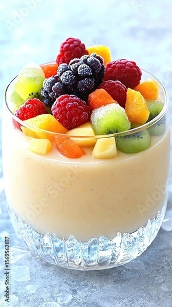 Obraz Fruit Smoothie with Ice Crystal Concept, frozen mixed fruit smoothie in frosted glass on textured ice surface, high contrast with cold blue tone light