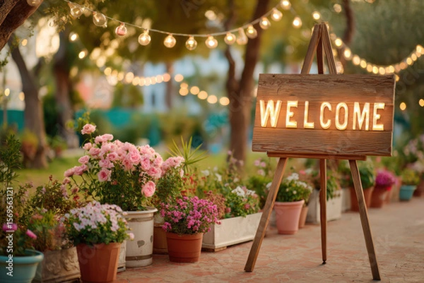 Fototapeta Wooden welcome sign illuminated with warm lights stands amidst vibrant flowers and greenery