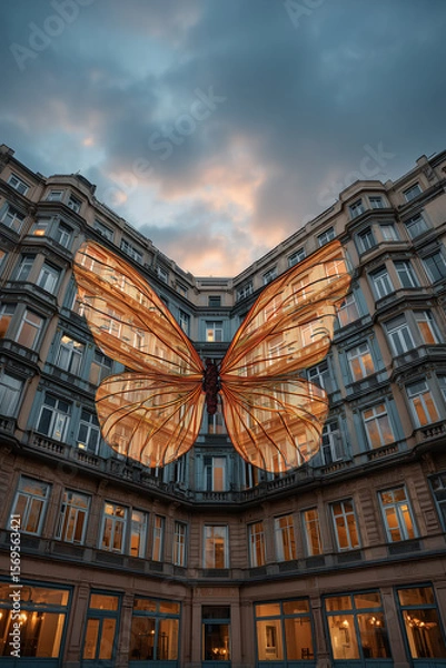 Fototapeta Large butterfly sculpture made of translucent materials is displayed on a historic building facade