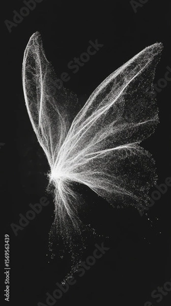 Fototapeta The delicate contour of fairy wings, formed entirely by white particles isolated on black background