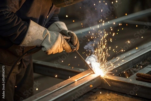Fototapeta Welding with protective helmet and gloves amid flying sparks — symbolizing precision, skill, and the elemental transformation of metal