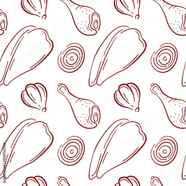 Fototapeta Seamless pattern with chicken drumstick and fillet, garlic and onion in line art style on white background. Perfect for butcher shop delivery packaging, cooking book and culinary design.