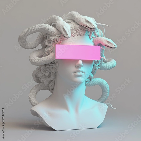 Fototapeta A white sculpture of Medusa with a pink and teal glitching retro glowing rectangle covering her eyes