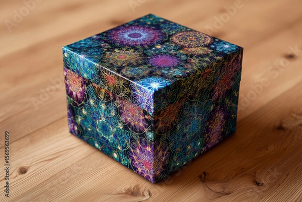 Fototapeta Colorful gift box with intricate floral patterns sits on a wooden surface, showcasing vibrant designs and textures