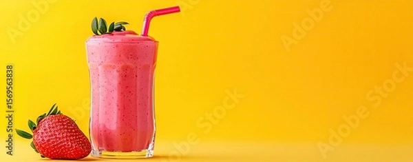 Obraz Fruit Smoothie with Minimalist Pastel Studio, strawberry smoothie in elegant curved glass with soft shadow and pastel yellow background, smooth studio lighting