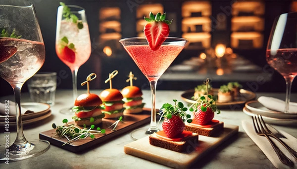 Obraz Refreshing Strawberry Cocktail with Gourmet Toast and Sliders in Dimly Lit Setting