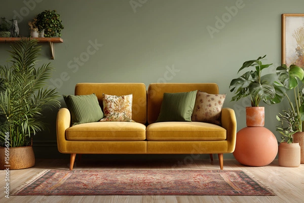 Fototapeta Stylish yellow sofa adorned with decorative cushions, positioned against a green wall, surrounded by lush plants