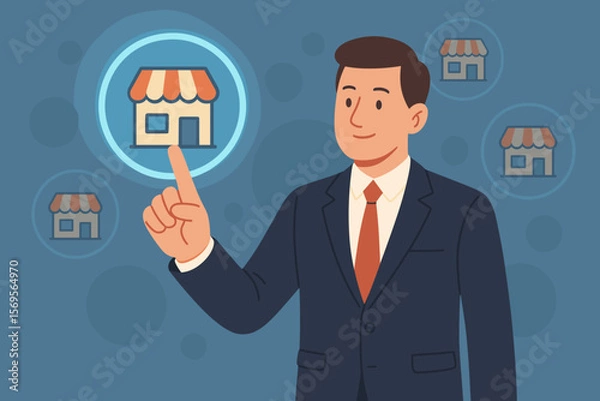 Obraz Franchise business concept. Businessman touching virtual screen, choosing to open a new store. Small business expansion, retail growth, entrepreneurship, and store chain network.