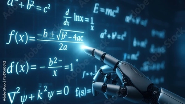 Fototapeta Robotic hand pointing at floating mathematical equations in a high tech digital screen, symbolizing innovation and scientific discovery, with a focus on ai learner and virtual equation