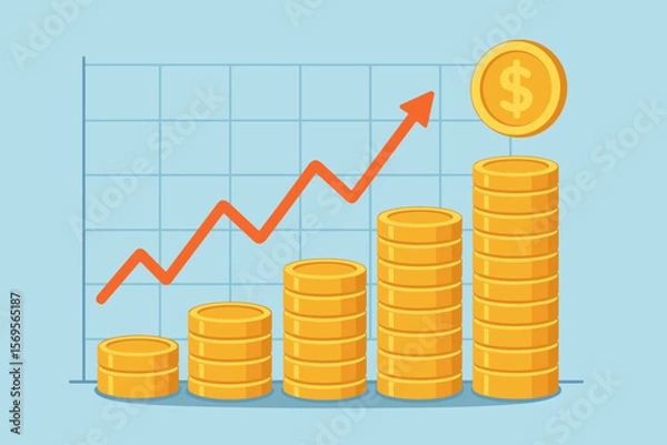 Fototapeta Financial growth concept with coin stacks and upward graph arrow. Business investment profit and success. Economy increase, money savings. Vector illustration of market report.