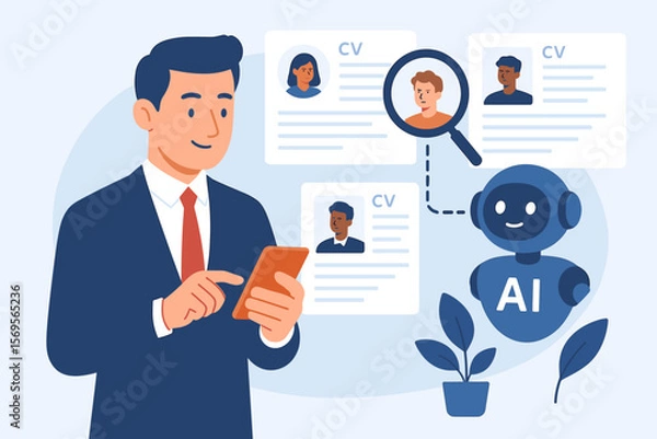 Fototapeta Human resource management with AI concept. HR automation technology for recruitment. Businessman and robot scan CV resumes database. Candidate selection and job interview process.