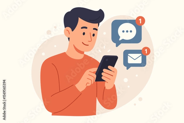 Fototapeta New notification concept. Man using smartphone with incoming message and email reminders. Social media alerts and chat bubble icons. Modern flat vector cartoon illustration.